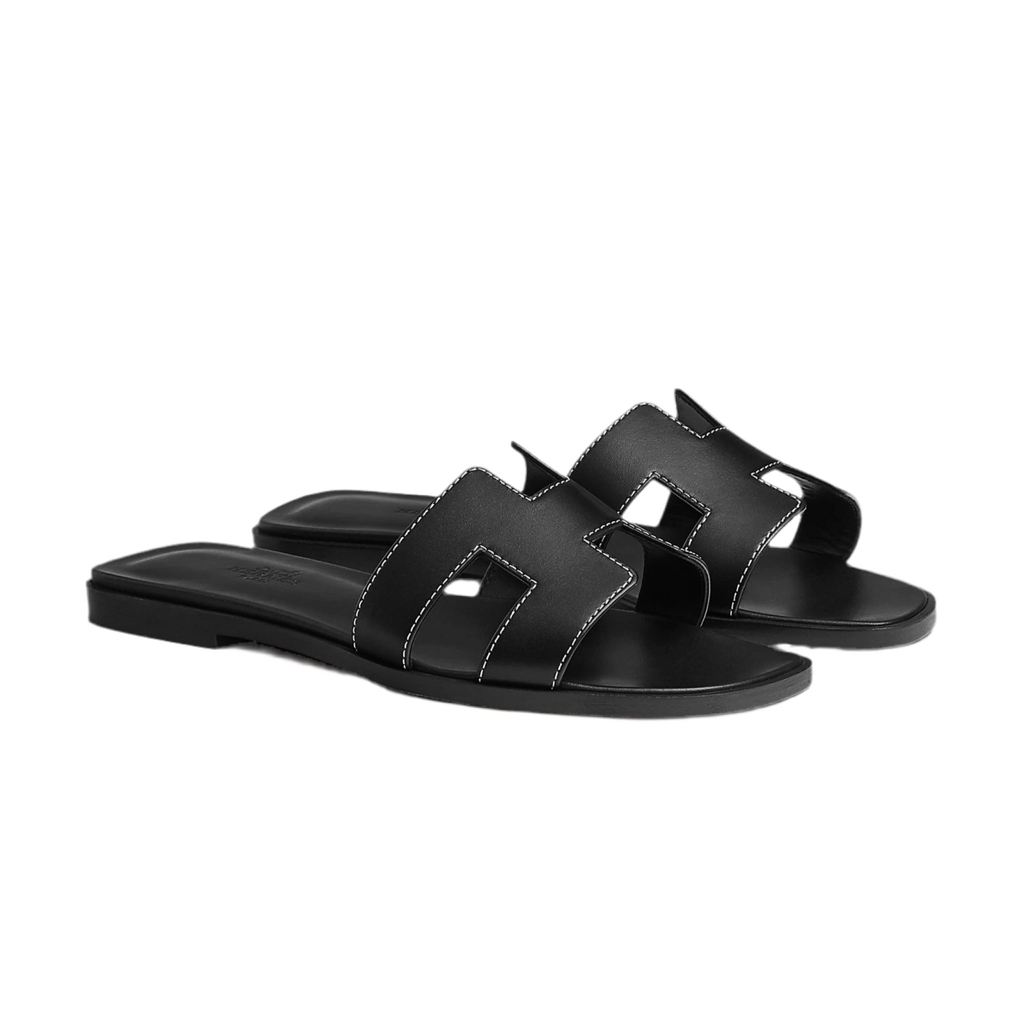 Hermes Oran Sandal Black Calfskin – White Top Stitch Flat Shoes