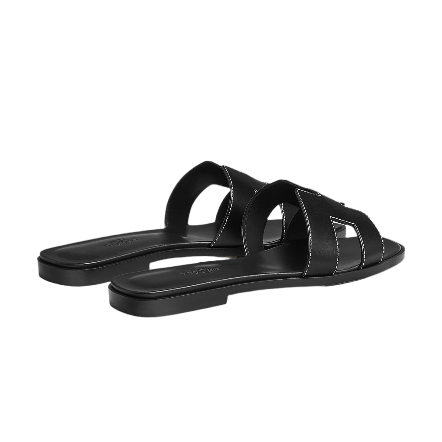 Hermes Oran Sandal Black Calfskin – White Top Stitch Flat Shoes