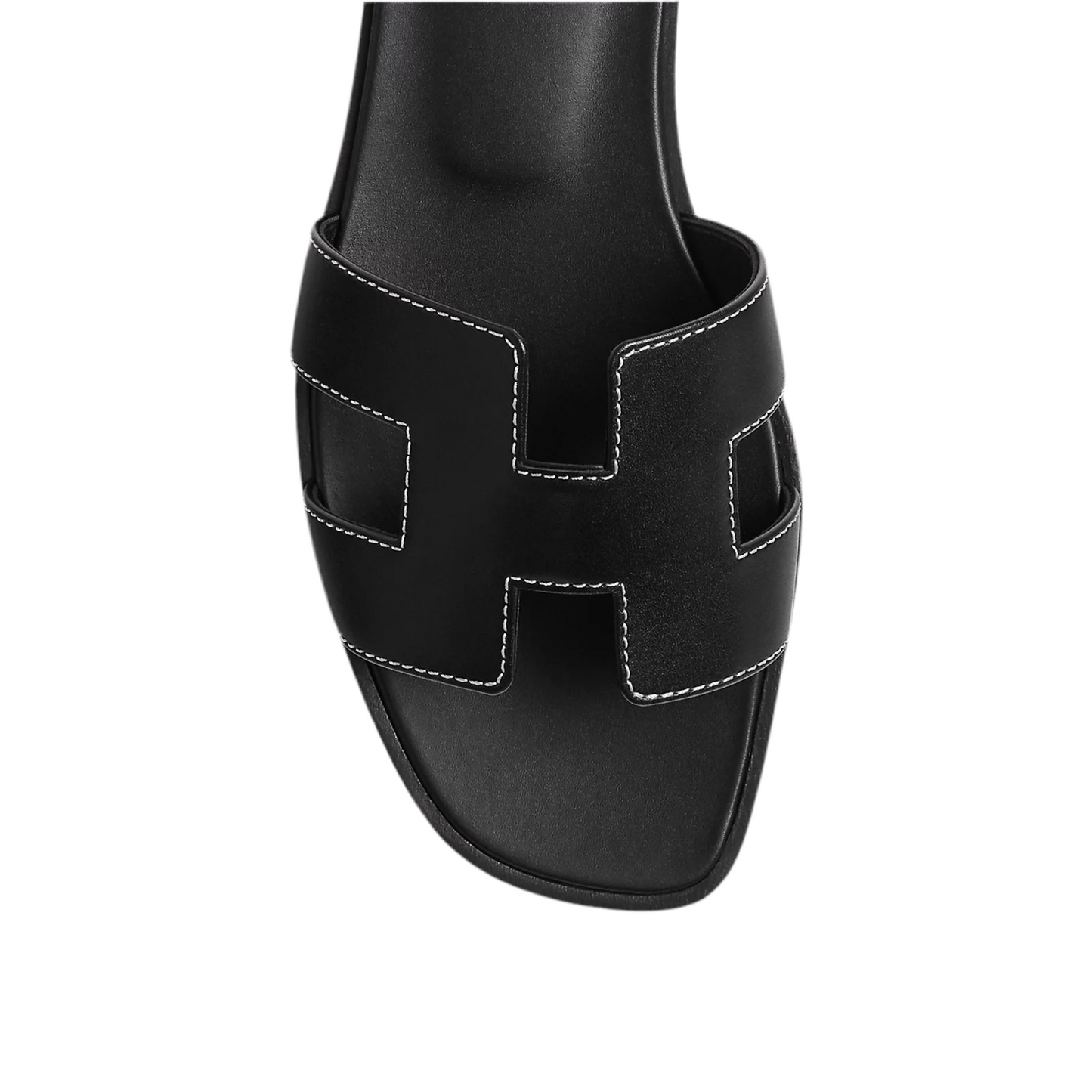 Hermes Oran Sandal Black Calfskin – White Top Stitch Flat Shoes